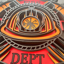 Load image into Gallery viewer, Honor the courage, dedication, and tradition of the fire service with this striking 5-layer Fire Department sign. Designed in the classic Maltese cross shape, this dimensional wood sign features a detailed firefighter helmet surrounded by crossed axes and bold “FIRE DEPT” lettering.