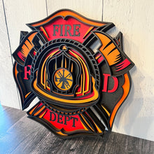 Load image into Gallery viewer, Honor the courage, dedication, and tradition of the fire service with this striking 5-layer Fire Department sign. Designed in the classic Maltese cross shape, this dimensional wood sign features a detailed firefighter helmet surrounded by crossed axes and bold “FIRE DEPT” lettering.