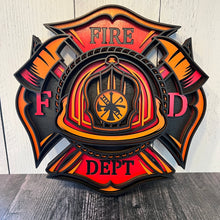 Load image into Gallery viewer, Honor the courage, dedication, and tradition of the fire service with this striking 5-layer Fire Department sign. Designed in the classic Maltese cross shape, this dimensional wood sign features a detailed firefighter helmet surrounded by crossed axes and bold “FIRE DEPT” lettering.