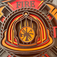 Load image into Gallery viewer, Honor the courage, dedication, and tradition of the fire service with this striking 5-layer Fire Department sign. Designed in the classic Maltese cross shape, this dimensional wood sign features a detailed firefighter helmet surrounded by crossed axes and bold “FIRE DEPT” lettering.