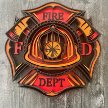Load image into Gallery viewer, Honor the courage, dedication, and tradition of the fire service with this striking 5-layer Fire Department sign. Designed in the classic Maltese cross shape, this dimensional wood sign features a detailed firefighter helmet surrounded by crossed axes and bold “FIRE DEPT” lettering.