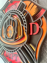 Load image into Gallery viewer, Honor the courage, dedication, and tradition of the fire service with this striking 5-layer Fire Department sign. Designed in the classic Maltese cross shape, this dimensional wood sign features a detailed firefighter helmet surrounded by crossed axes and bold “FIRE DEPT” lettering.
