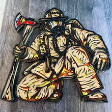 Load image into Gallery viewer, Honor the bravery, strength, and dedication of a firefighter with this striking 4-layer wooden firefighter sign. Featuring a firefighter in full turnout gear and breathing apparatus, kneeling beside a detailed fire axe, this piece captures the courage and determination of those who answer the call.