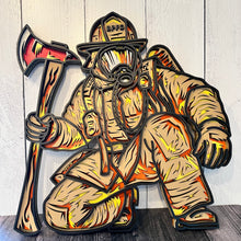 Load image into Gallery viewer, Honor the bravery, strength, and dedication of a firefighter with this striking 4-layer wooden firefighter sign. Featuring a firefighter in full turnout gear and breathing apparatus, kneeling beside a detailed fire axe, this piece captures the courage and determination of those who answer the call.
