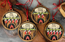 Load image into Gallery viewer, Our exquisite Fireplace Ornament with Personalized Stockings & Family Name on mantle – the perfect addition to your holiday décor that captures the essence of family warmth and festive joy. Transform your Christmas tree into a cherished symbol of togetherness with this beautifully crafted keepsake ornament.