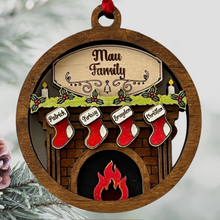 Load image into Gallery viewer, Our exquisite Fireplace Ornament with Personalized Stockings & Family Name on mantle – the perfect addition to your holiday décor that captures the essence of family warmth and festive joy. Transform your Christmas tree into a cherished symbol of togetherness with this beautifully crafted keepsake ornament.