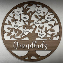 Load image into Gallery viewer, Family Tree Sign - white background with a walnut overlay of a tree.  Banner at the bottom for custom text such as grandkids, God's Gifts, our Family or several other choices.  Add hearts with loved ones names in them to the top of the tree to create a treasured, personalized gift.