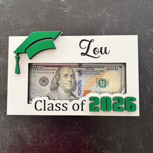 Load image into Gallery viewer, Looking for a unique and thoughtful way to give cash to your favorite graduate? Our Personalized Graduation Money Holder is handcrafted from quality wood and features a bold Cap & 2025 design that can be customized in your choice of colors—perfect for matching school colors or your grad's favorites!