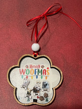 Load image into Gallery viewer, Make sure your fur babies know how much you love them with their own Paw Print Ornament.  This adorable shaker style ornament reads Merry Woofmas at the top & features images of your very own pets.  