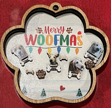 Load image into Gallery viewer, Make sure your fur babies know how much you love them with their own Paw Print Ornament.  This adorable shaker style ornament reads Merry Woofmas at the top & features images of your very own pets.  