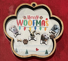 Load image into Gallery viewer, Make sure your fur babies know how much you love them with their own Paw Print Ornament.  This adorable shaker style ornament reads Merry Woofmas at the top & features images of your very own pets.  