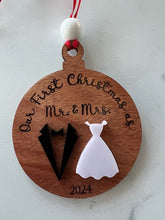 Load image into Gallery viewer, Celebrate your new union with this Our First Christmas As Mr. & Mrs. Ornament! Also available in Mrs. & Mrs. or Mr. & Mr. options. Adorable ~3" ornament with a black suit or white dress options.