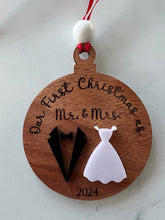 Load image into Gallery viewer, Celebrate your new union with this Our First Christmas As Mr. & Mrs. Ornament! Also available in Mrs. & Mrs. or Mr. & Mr. options. Adorable ~3" ornament with a black suit or white dress options.