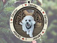 Load image into Gallery viewer, Create your own one-of-a-kind ornament using your pets photo!  These specialty ornaments are sure to be treasured for a lifetime.  Let us know what you'd like it to say around the outer rim of the ornament to make it the perfect gift for your loved one.