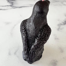 Load image into Gallery viewer, Dark & mysterious, this Raven Beeswax Candle represents a deeper connection between the physical & spiritual world in many cultures.
Because of its black plumage, croaking call, and diet of carrion, the raven is often associated with loss and ill omen. Yet, its symbolism is complex. As a talking bird, the raven also represents prophecy and insight. Ravens in stories often act as psychopomps, connecting the material world with the world of spirits.