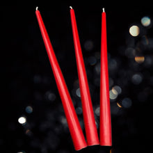 Load image into Gallery viewer, Light up your holiday centerpieces with these romantic Taper Candles in red or green.  Taper candles just add that special effect to any centerpiece.  That magical glow of the firelight warms the room and takes your decorating to the next level while adding a bit of height without blocking your view.  Also makes wonderful gifts for loved ones or as a housewarming gift.  
