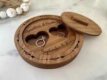 Load image into Gallery viewer, Elevate the presentation of your wedding rings with our exquisite Ring Bearer Box – the perfect alternative to the traditional ring bearer pillow. This 6" round box is designed to add an extra touch of elegance to your wedding ceremony, providing a beautiful showcase for your precious rings.