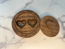 Load image into Gallery viewer, Elevate the presentation of your wedding rings with our exquisite Ring Bearer Box – the perfect alternative to the traditional ring bearer pillow. This 6" round box is designed to add an extra touch of elegance to your wedding ceremony, providing a beautiful showcase for your precious rings.