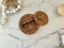 Load image into Gallery viewer, Elevate the presentation of your wedding rings with our exquisite Ring Bearer Box – the perfect alternative to the traditional ring bearer pillow. This 6" round box is designed to add an extra touch of elegance to your wedding ceremony, providing a beautiful showcase for your precious rings.