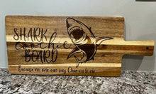 Load image into Gallery viewer, Add some laughter to your next party with this Shark Coochie Board.  Engraved with a shark, this charcuterie board reads Shark Coochie Board, Becuase no one can say Char-cu-te-rie.