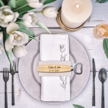 Load image into Gallery viewer, These bottle openers make the perfect wedding, engagement, or bridal shower favor, customized with the couple’s names and special date to create a lasting keepsake. Whether you're celebrating love or looking for a thoughtful gift, these personalized openers are a charming and practical choice.