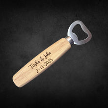 Load image into Gallery viewer, These bottle openers make the perfect wedding, engagement, or bridal shower favor, customized with the couple’s names and special date to create a lasting keepsake. Whether you're celebrating love or looking for a thoughtful gift, these personalized openers are a charming and practical choice.