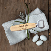 Load image into Gallery viewer, These bottle openers make the perfect wedding, engagement, or bridal shower favor, customized with the couple’s names and special date to create a lasting keepsake. Whether you're celebrating love or looking for a thoughtful gift, these personalized openers are a charming and practical choice.