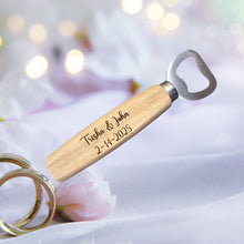 Load image into Gallery viewer, These bottle openers make the perfect wedding, engagement, or bridal shower favor, customized with the couple’s names and special date to create a lasting keepsake. Whether you're celebrating love or looking for a thoughtful gift, these personalized openers are a charming and practical choice.