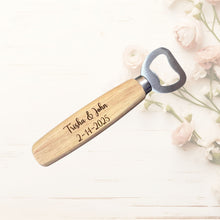 Load image into Gallery viewer, These bottle openers make the perfect wedding, engagement, or bridal shower favor, customized with the couple’s names and special date to create a lasting keepsake. Whether you're celebrating love or looking for a thoughtful gift, these personalized openers are a charming and practical choice.
