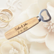 Load image into Gallery viewer, These bottle openers make the perfect wedding, engagement, or bridal shower favor, customized with the couple’s names and special date to create a lasting keepsake. Whether you're celebrating love or looking for a thoughtful gift, these personalized openers are a charming and practical choice.