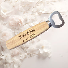 Load image into Gallery viewer, These bottle openers make the perfect wedding, engagement, or bridal shower favor, customized with the couple’s names and special date to create a lasting keepsake. Whether you're celebrating love or looking for a thoughtful gift, these personalized openers are a charming and practical choice.