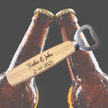 Load image into Gallery viewer, These bottle openers make the perfect wedding, engagement, or bridal shower favor, customized with the couple’s names and special date to create a lasting keepsake. Whether you're celebrating love or looking for a thoughtful gift, these personalized openers are a charming and practical choice.