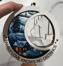 Load image into Gallery viewer, This beautiful ornament is sure to be the highlight of your long distance, loved ones Christmas, holiday or seasonal celebration.  Add up to 4 states (other countries are available upon request).  Features stained glass style acrylic on one side & up to 4 states on the opposite side.  Also makes a great Mother's Day or Father's Day gift.
