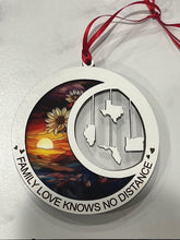 Load image into Gallery viewer, This beautiful ornament is sure to be the highlight of your long distance, loved ones Christmas, holiday or seasonal celebration.  Add up to 4 states (other countries are available upon request).  Features stained glass style acrylic on one side & up to 4 states on the opposite side.  Also makes a great Mother's Day or Father's Day gift.