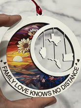 Load image into Gallery viewer, This beautiful ornament is sure to be the highlight of your long distance, loved ones Christmas, holiday or seasonal celebration.  Add up to 4 states (other countries are available upon request).  Features stained glass style acrylic on one side & up to 4 states on the opposite side.  Also makes a great Mother's Day or Father's Day gift.