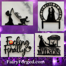 Load image into Gallery viewer, Add a playful twist to your wedding, engagement party, or anniversary with these hilarious cake toppers! Featuring designs like the bride dragging her husband-to-be to the altar—whether he’s fishing, gaming, fixing cars, or even having to be dragged there by force (LOL!) — these toppers are perfect for couples who love to celebrate with humor.