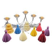 Load image into Gallery viewer, This elegant wedding / quinceanera dress silhouette beeswax candle with a lace top and flowing wedding gown bottom is perfect for wedding showers, wedding rehearsal dinners, quinceanera celebrations or gifts. Picture these beautiful candles at each of the wedding shower or rehearsal dinner tables ready for the evenings events.