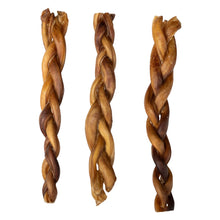 Load image into Gallery viewer, 12” Triple Braided Bully Sticks – Durable, All-Natural Chews
Our 12” Triple Braided Bully Sticks are a premium, all-natural chew crafted from three strands of 100% beef pizzle, tightly woven together for extra strength and longer-lasting chew time. The triple-braided construction creates a tougher texture that’s perfect for dogs who love a challenge.