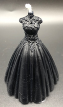Load image into Gallery viewer, This elegant wedding / quinceanera dress silhouette beeswax candle with a lace top and flowing wedding gown bottom now in BLACK is perfect for Halloween weddings, Gothic weddings, wedding showers, wedding rehearsal dinners, quinceanera celebrations or gifts.  Picture these beautiful candles at each of the wedding shower or rehearsal dinner tables ready for the evenings events. Or use as a fun and elegant gift bag item for wedding party members. Guaranteed to make a lasting impression! 
