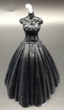Load image into Gallery viewer, This elegant wedding / quinceanera dress silhouette beeswax candle with a lace top and flowing wedding gown bottom now in BLACK is perfect for Halloween weddings, Gothic weddings, wedding showers, wedding rehearsal dinners, quinceanera celebrations or gifts.  Picture these beautiful candles at each of the wedding shower or rehearsal dinner tables ready for the evenings events. Or use as a fun and elegant gift bag item for wedding party members. Guaranteed to make a lasting impression!