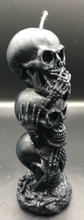 Load image into Gallery viewer, See No Evil, Hear No Evil, Speak No Evil Beeswax Skull Totum. Tower of 3 skulls.