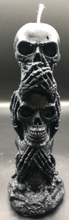 Load image into Gallery viewer, See No Evil, Hear No Evil, Speak No Evil Beeswax Skull Totum.  Tower of 3 skulls.