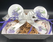 Load image into Gallery viewer, Sooth your cares away with this amazing Lavender Bath & Lotion Gift Basket!  Luscious lavender sent soothes your senses while our creamy Lavender Body Butter locks in moisture.  The handy Lavender Lotion Bar is perfect to take with your to keep your hands moist & soft all day long.