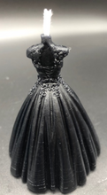 Load image into Gallery viewer, This elegant wedding / quinceanera dress silhouette beeswax candle with a lace top and flowing wedding gown bottom now in BLACK is perfect for Halloween weddings, Gothic weddings, wedding showers, wedding rehearsal dinners, quinceanera celebrations or gifts.  Picture these beautiful candles at each of the wedding shower or rehearsal dinner tables ready for the evenings events. Or use as a fun and elegant gift bag item for wedding party members. Guaranteed to make a lasting impression!