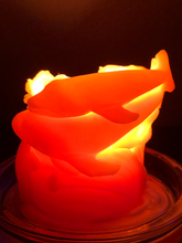 Load image into Gallery viewer, Mother and baby whale swirl around the outside of this all natural beeswax candle. Around the whales is an ocean wave design. Handmade in the USA.