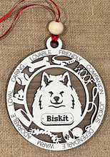 Load image into Gallery viewer, Share the love for our furry friends with these beautiful dog ornaments!  115 Breeds available.  Personalize with your pets name at no extra charge.  Adorable dog image in the middle surrounded by a dog bone, a ball, a dog food bowl, a leash, a collar, the word Woof, and a poop image with a smile.  Around the outer edge it reads lovable, caring, loyal, adorable, warm, dependable, joyous, companion, and friendly.  A great gift for any dog lover!