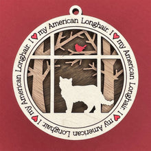 Load image into Gallery viewer, Share the love for our furry friends with these beautiful cat ornaments!  100 different options available.  Send us the name you'd like personalized on it & we'll add it to your ornament.  Our standard background is the trees with the cardinal in them.  If you'd like a different background, please contact us.