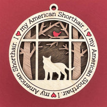 Load image into Gallery viewer, Share the love for our furry friends with these beautiful cat ornaments!  100 different options available.  Send us the name you'd like personalized on it & we'll add it to your ornament.  Our standard background is the trees with the cardinal in them.  If you'd like a different background, please contact us.