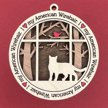 Load image into Gallery viewer, Share the love for our furry friends with these beautiful cat ornaments!  100 different options available.  Send us the name you'd like personalized on it & we'll add it to your ornament.  Our standard background is the trees with the cardinal in them.  If you'd like a different background, please contact us.
