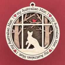 Load image into Gallery viewer, Share the love for our furry friends with these beautiful cat ornaments!  100 different options available.  Send us the name you'd like personalized on it & we'll add it to your ornament.  Our standard background is the trees with the cardinal in them.  If you'd like a different background, please contact us.